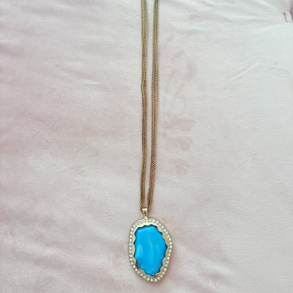 Triple Gold-tone Chain Turquoise Pendant with Rhinestones Statement Necklace
